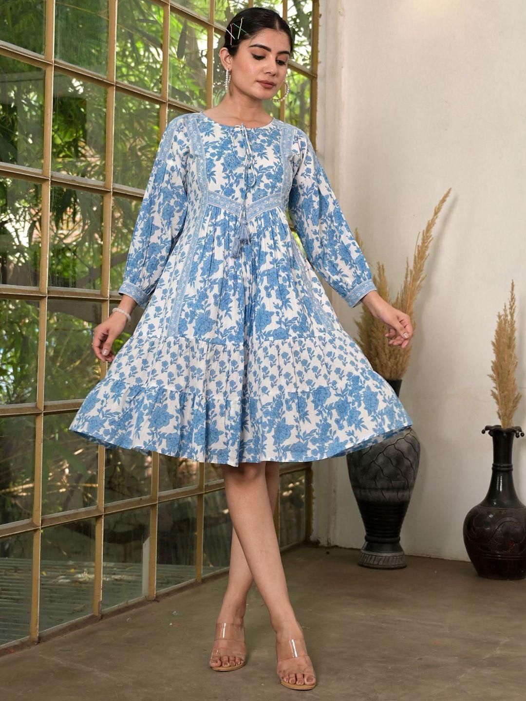 the kapas floral printed tie-up neck puff sleeve sequined detail cotton a-line dress