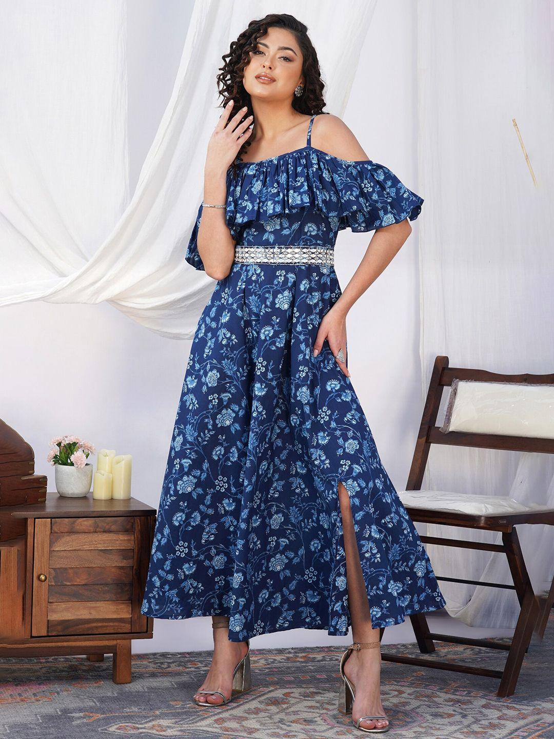 the kapas floral printed shoulder straps cotton fit & flare maxi dress