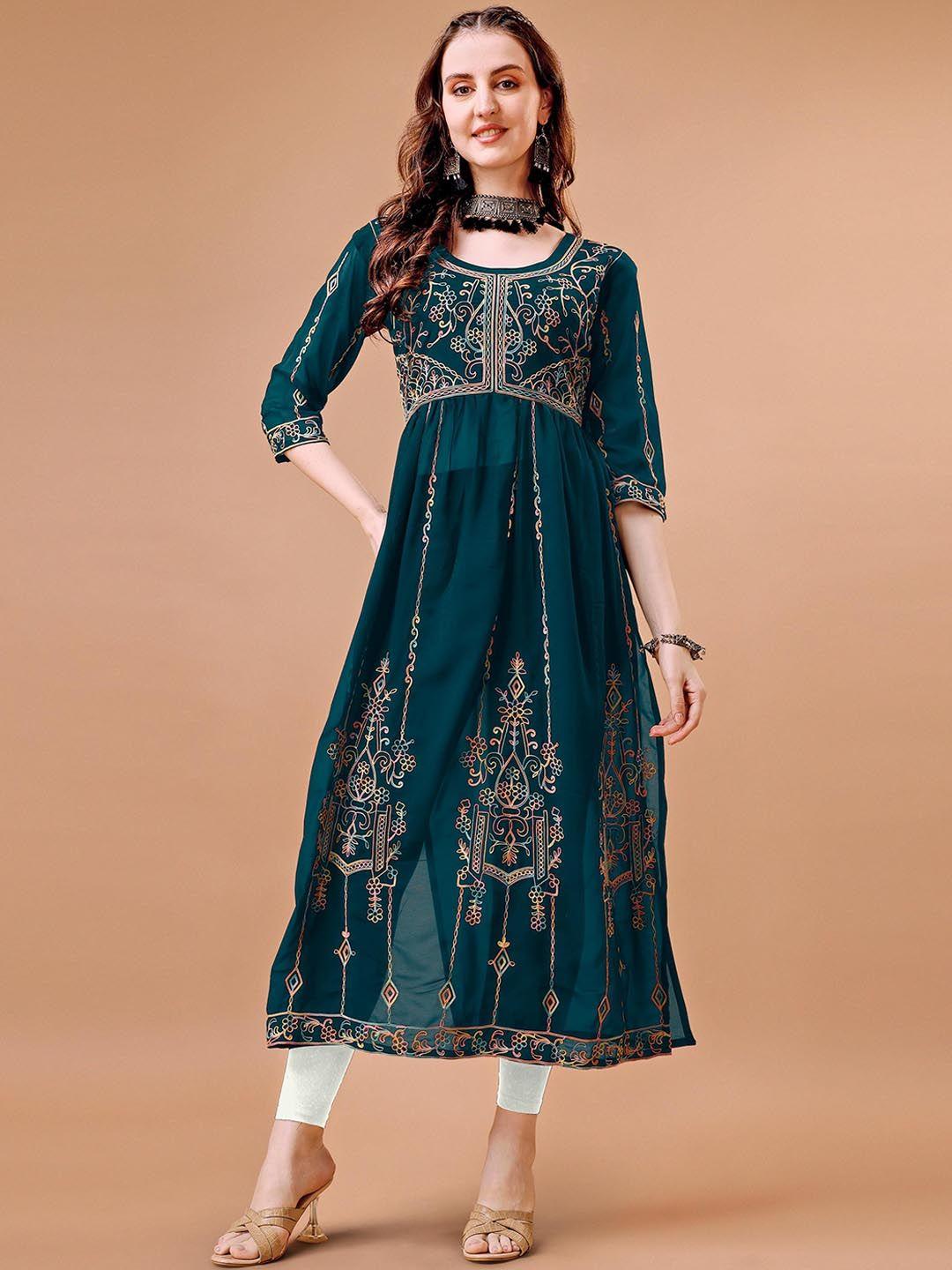 shree ramkrishna fab women teal floral embroidered chikankari georgette anarkali kurta