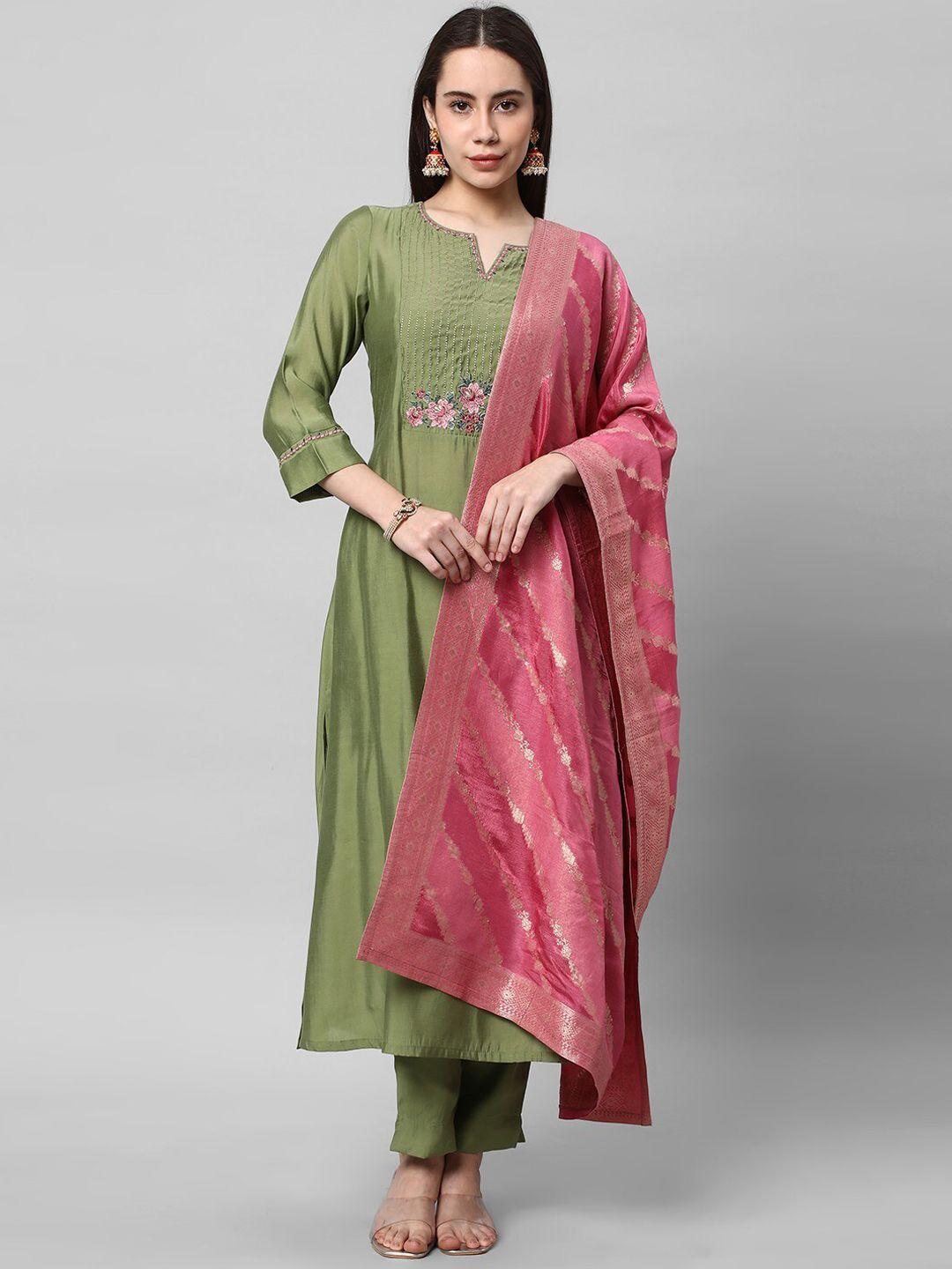 kami kubi women green floral embroidered regular kurta with trousers & with dupatta