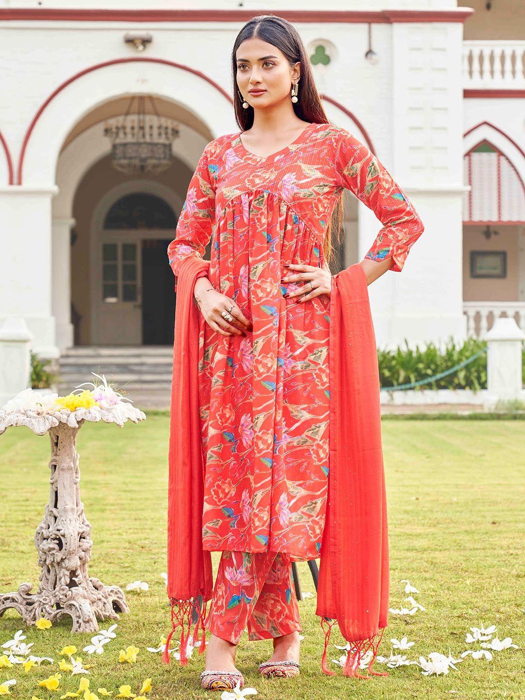 tikhi imli women orange floral yoke design empire sequinned kurta with trousers & with dupatta