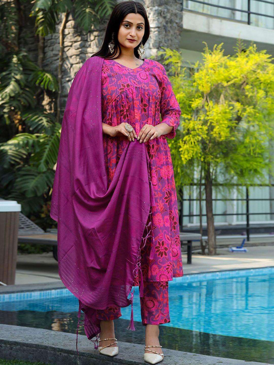 tikhi imli floral printed sequinned v-neck a-line kurta & trousers with dupatta