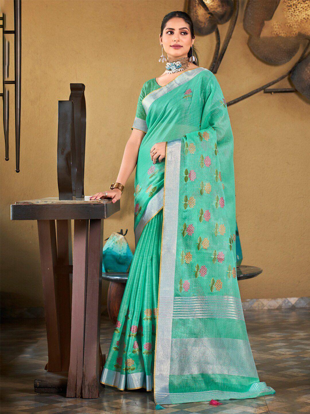 mitera embellished linen blend embroidered designer saree