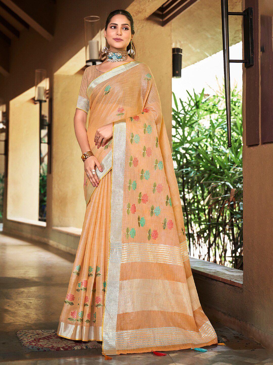 mitera embellished linen blend embroidered designer saree