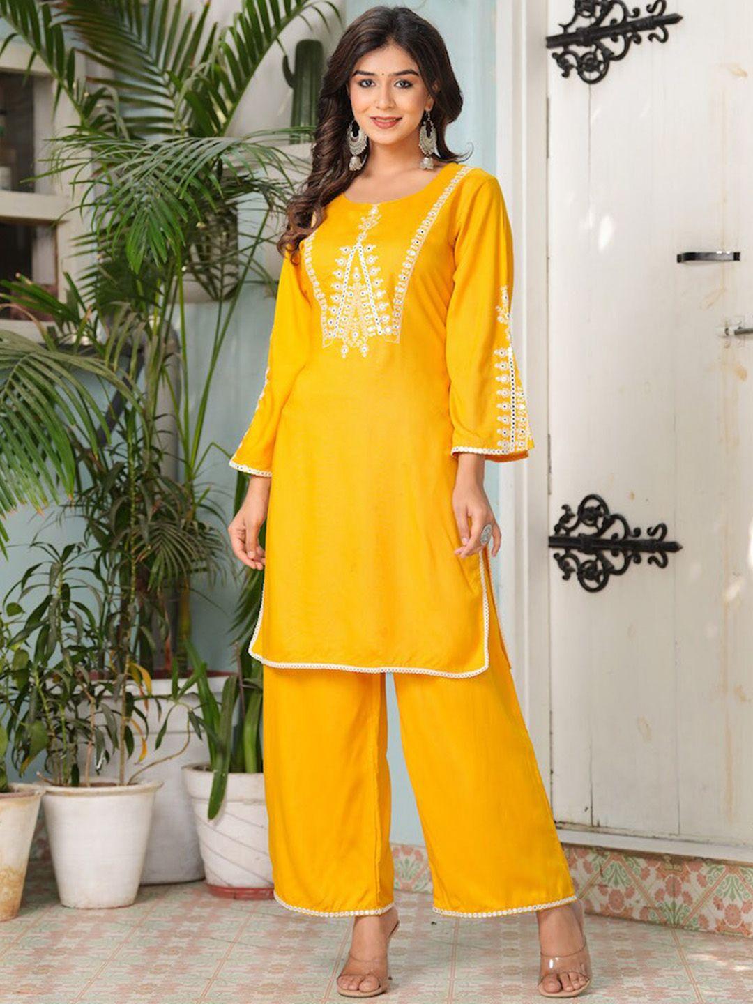 hatheli women yellow ethnic motifs regular zardozi kurta with palazzos