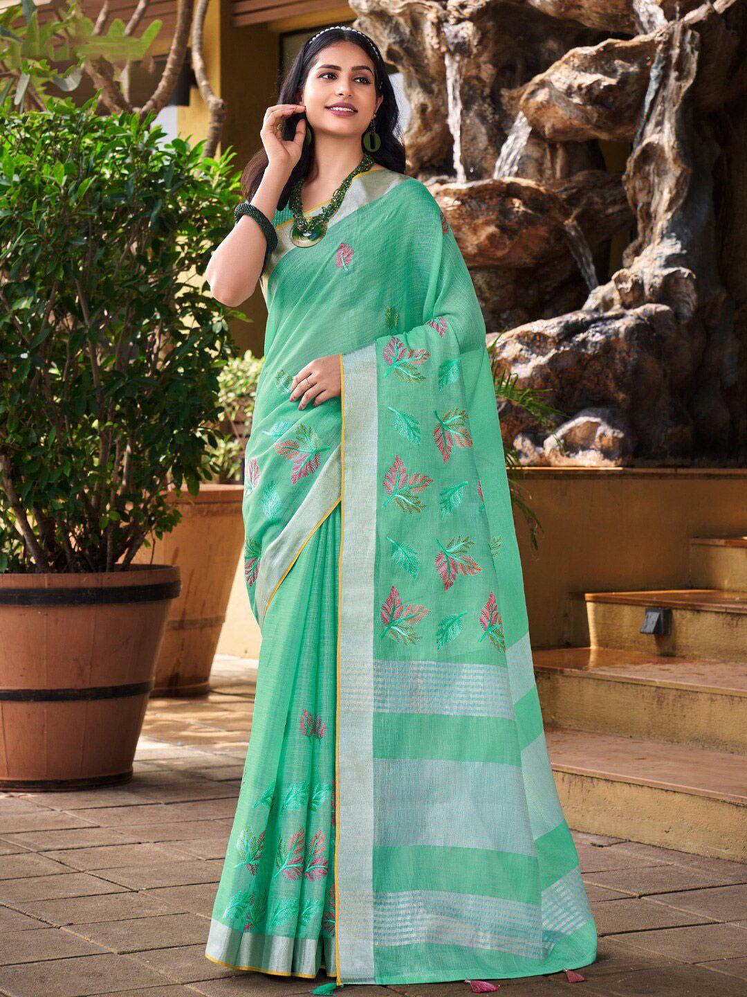 mitera embellished linen blend embroidered designer saree