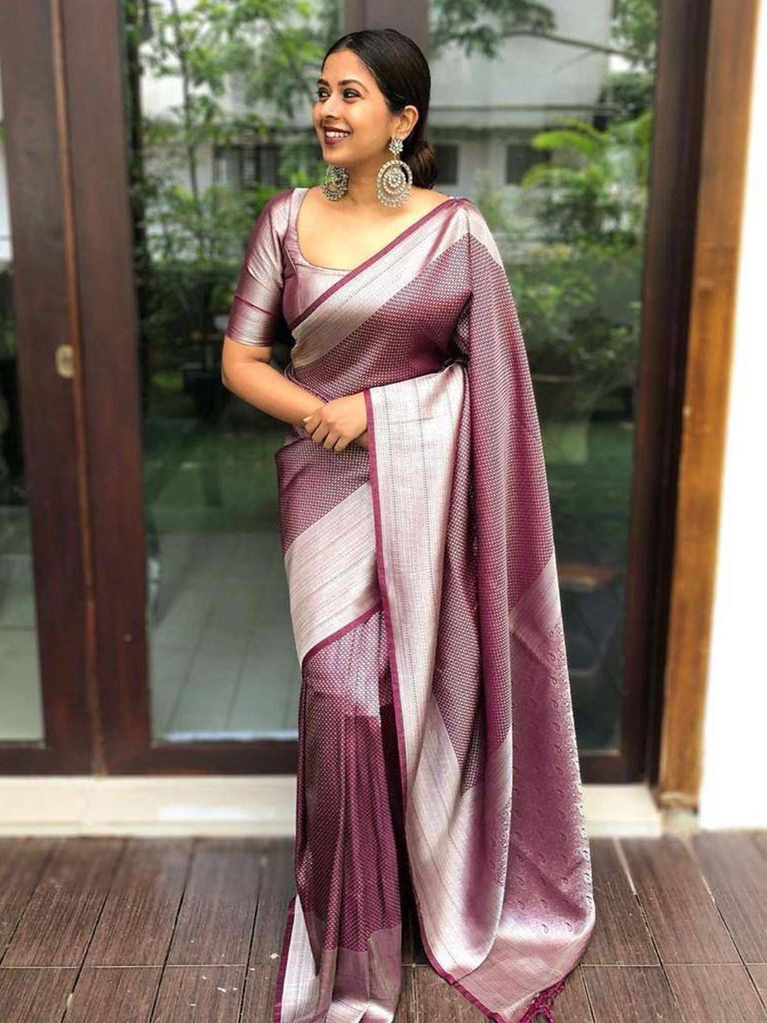 isha trade maroon woven design silk blend saree