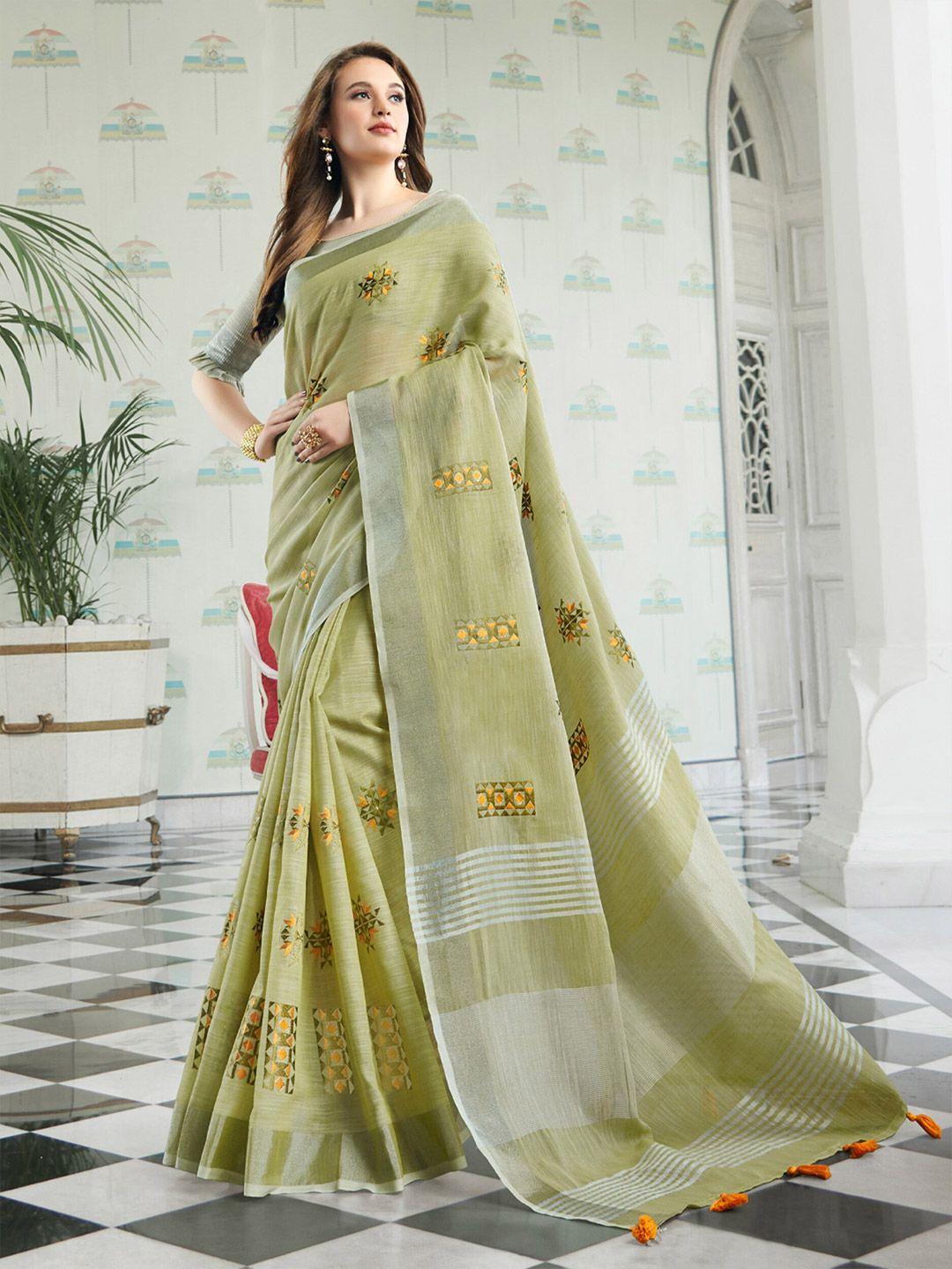 mitera embellished linen blend embroidered designer saree