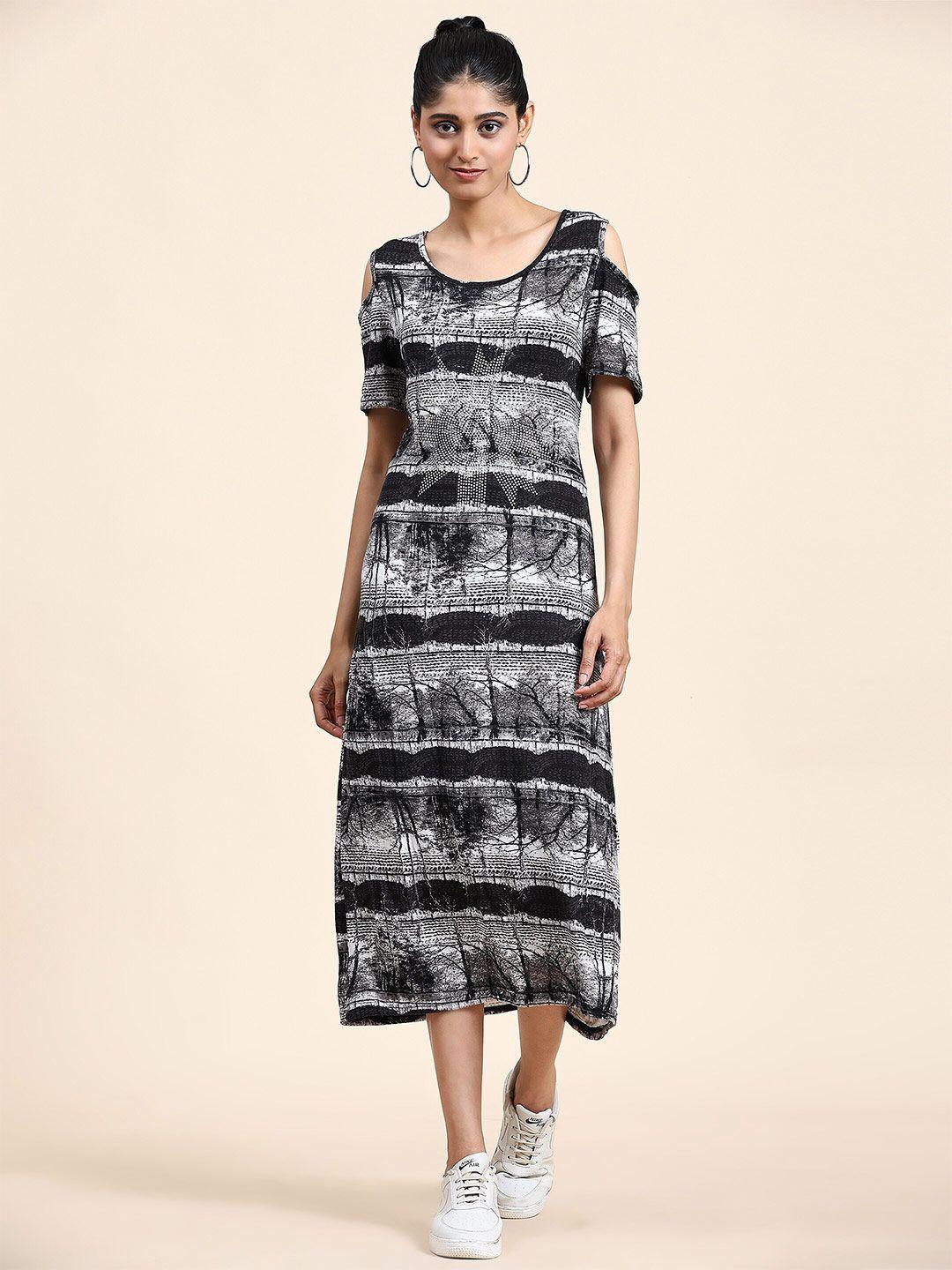 baesd abstract printed cold-shoulder sleeves a-line midi dress