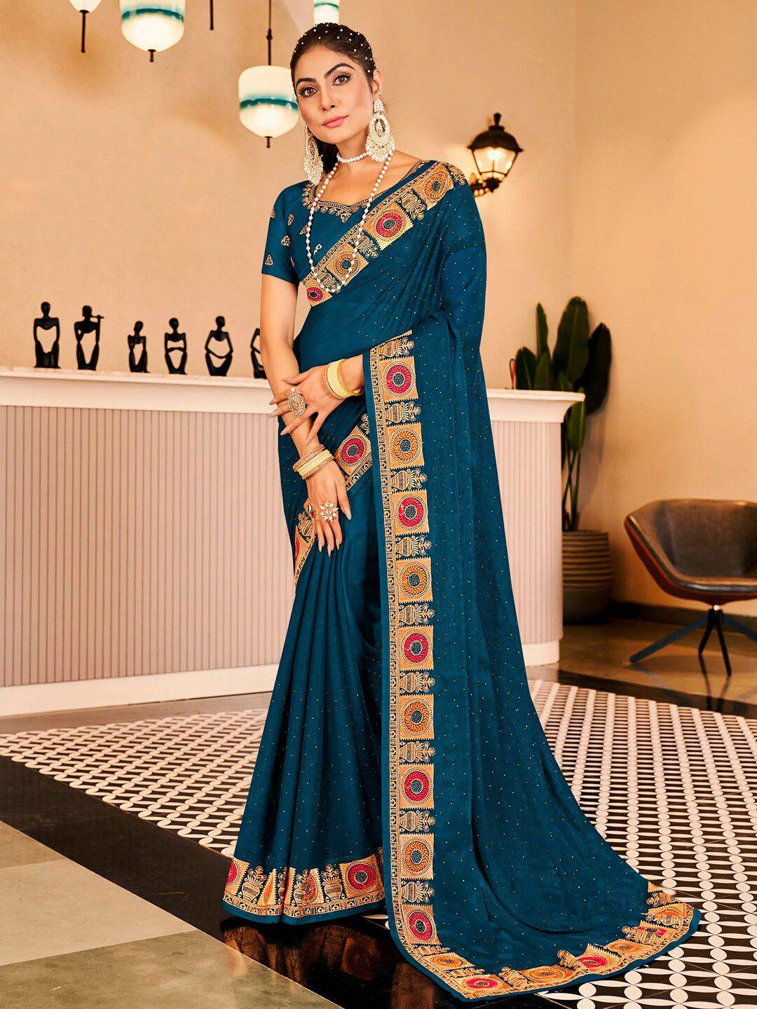 kalista teal embellished beads and stones pure chiffon designer saree