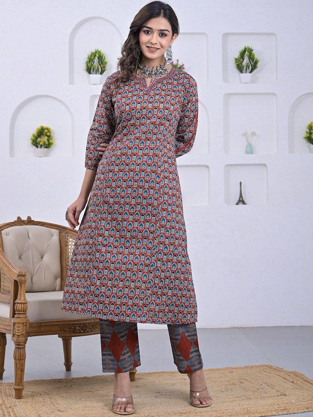 advya women red ethnic motifs printed regular mirror work pure cotton kurta with trousers