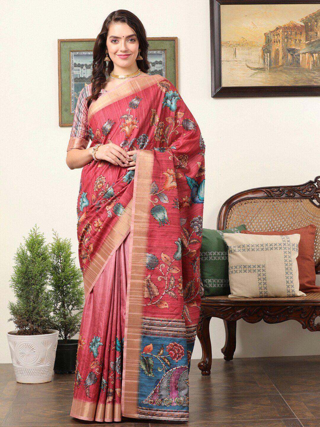 mitera kalamkari embroidered silk blend designer saree