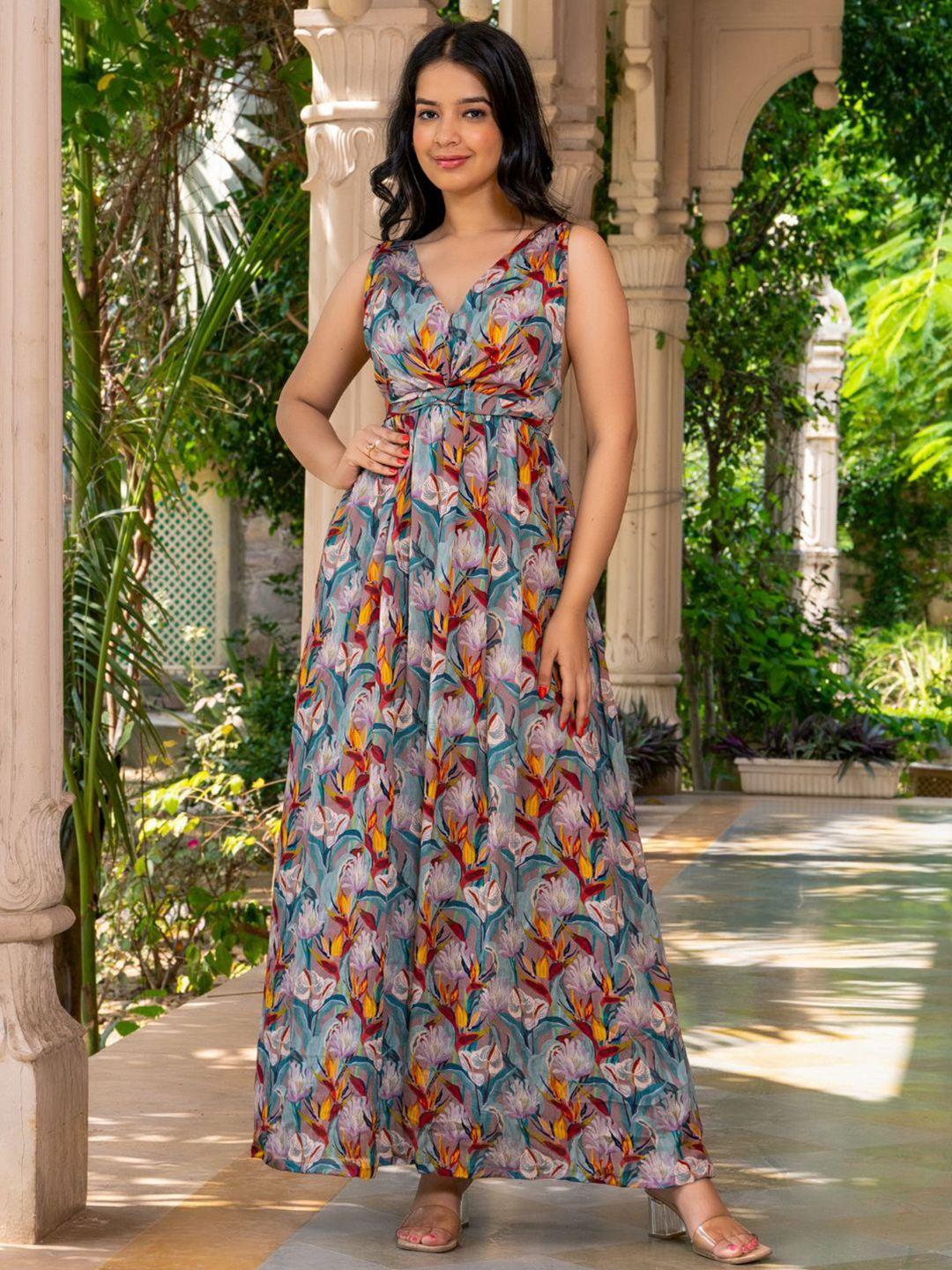 house of jamoti floral printed v-neck sleeveless georgette maxi fit & flare dress