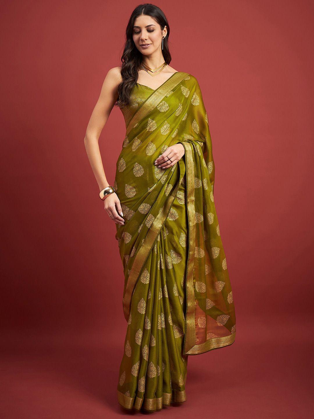 all about you olive green floral pure chiffon designer saree