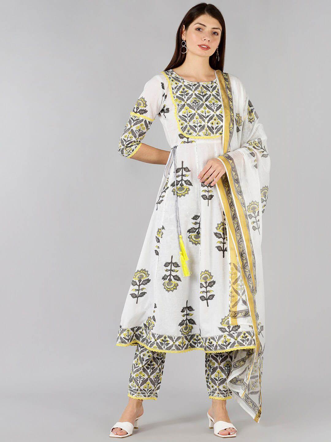 baesd women cream-coloured regular pure cotton kurta with trousers & with dupatta