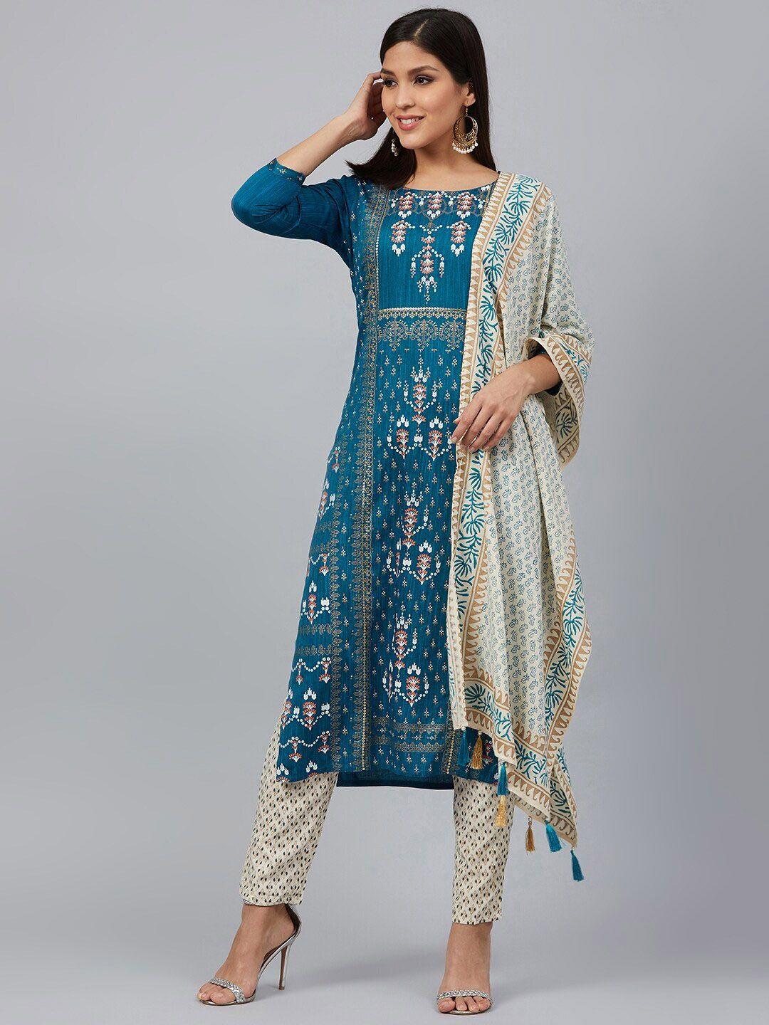 baesd women blue regular liva kurta with trousers & with dupatta