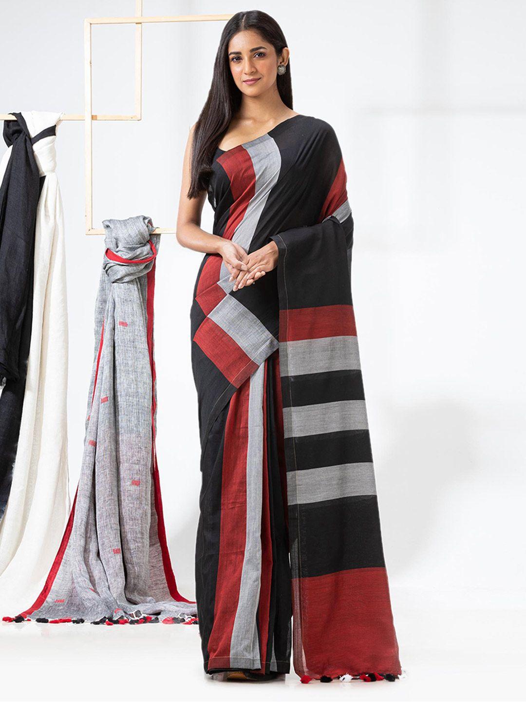 angoshobha black woven design pure cotton handloom saree