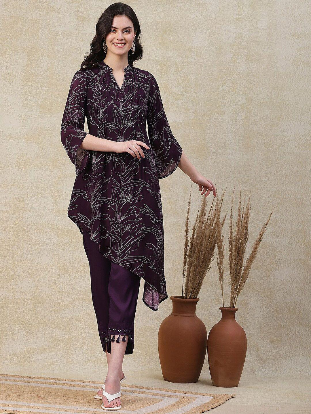 fashor women purple printed pleated beads and stones kurta with trousers