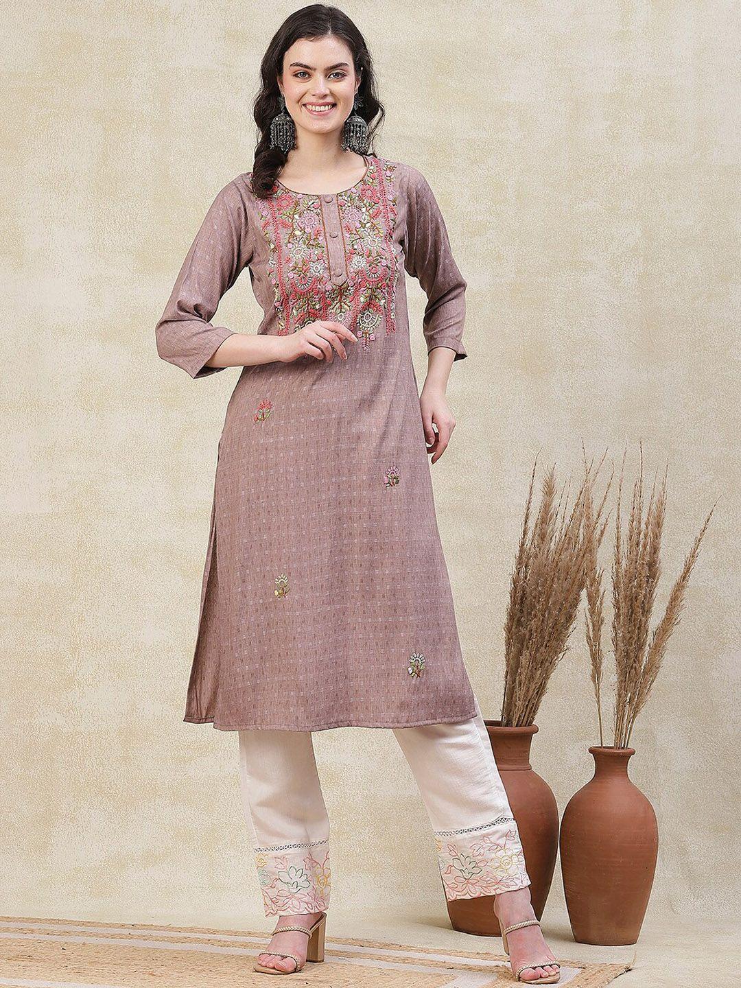 fashor ethnic motifs printed round neck thread work dobby weave straight kurta