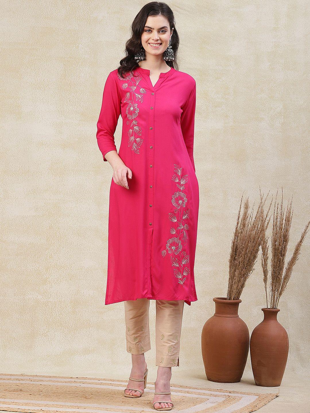 fashor floral embroidered thread work round neck a-line kurta