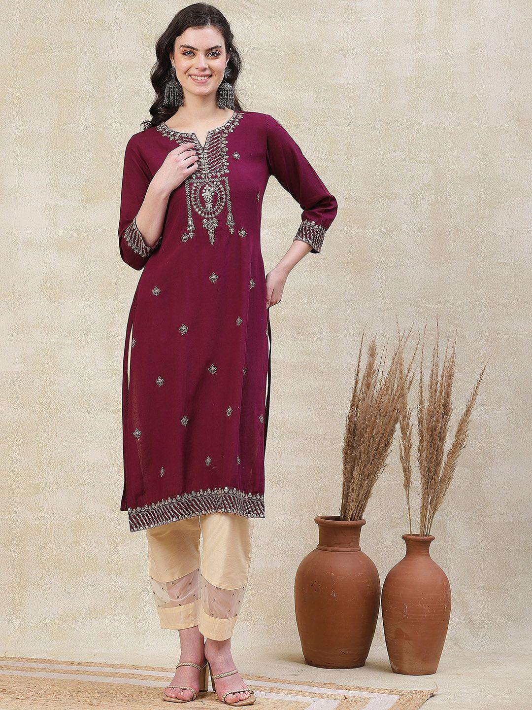 fashor ethnic motifs embroidered mandarin collar zari mirror work straight kurta