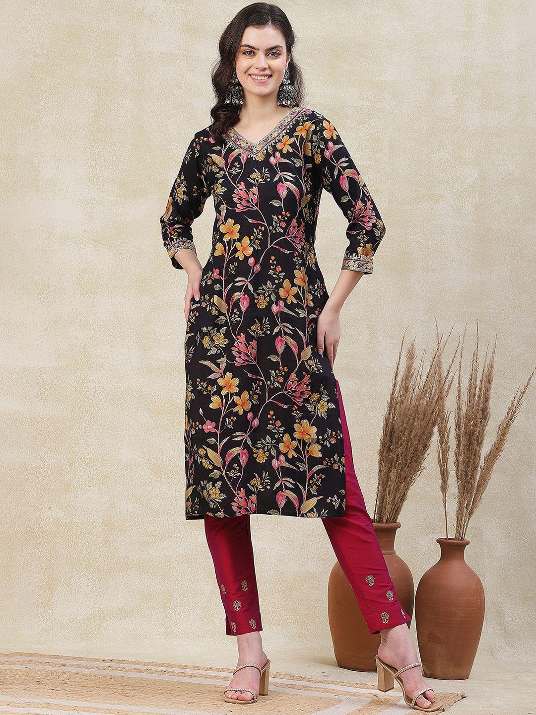 fashor floral printed v neck three quarter sleeves a line zari kurta