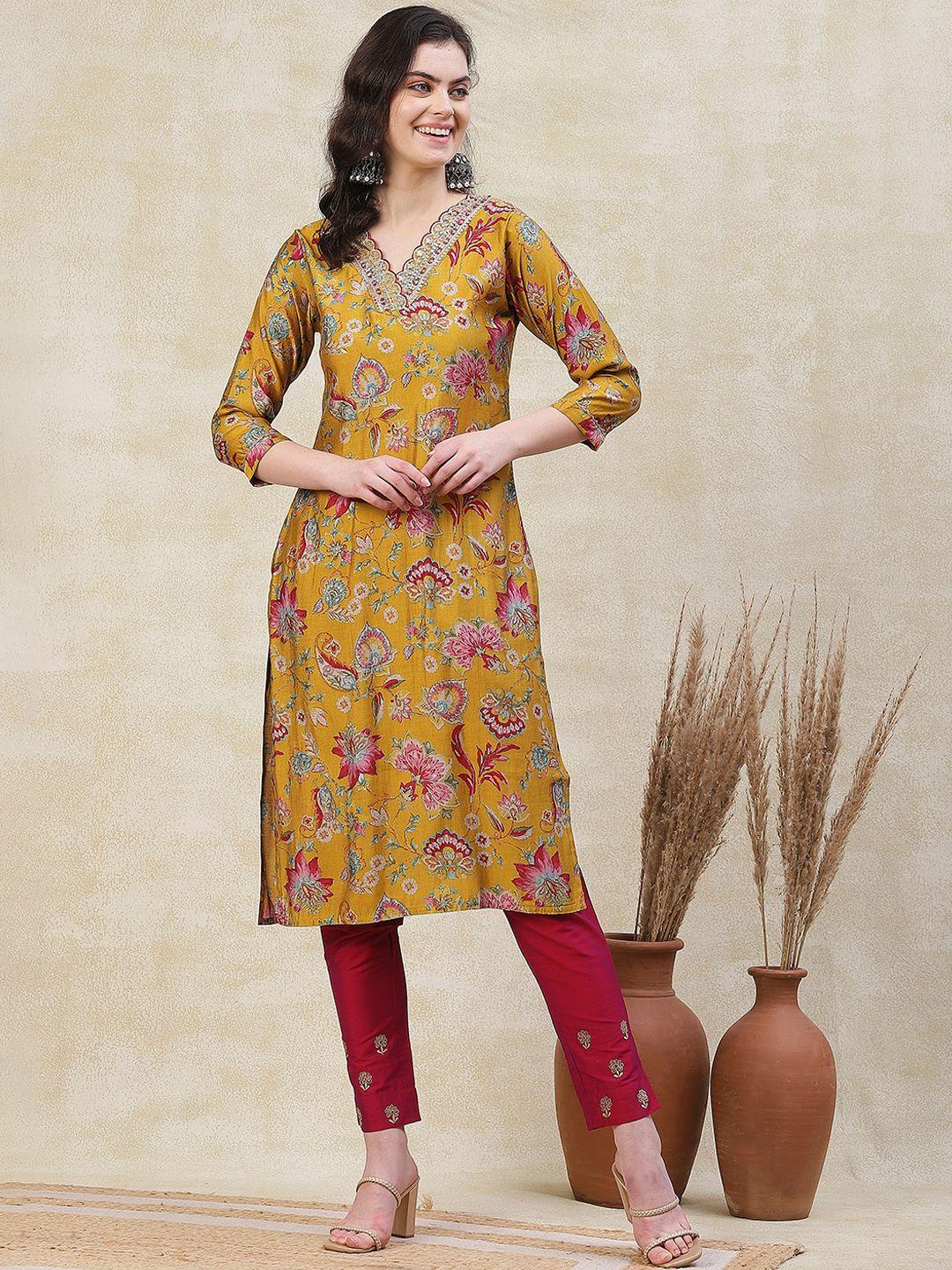 fashor floral embroidered thread work v-neck a-line kurta