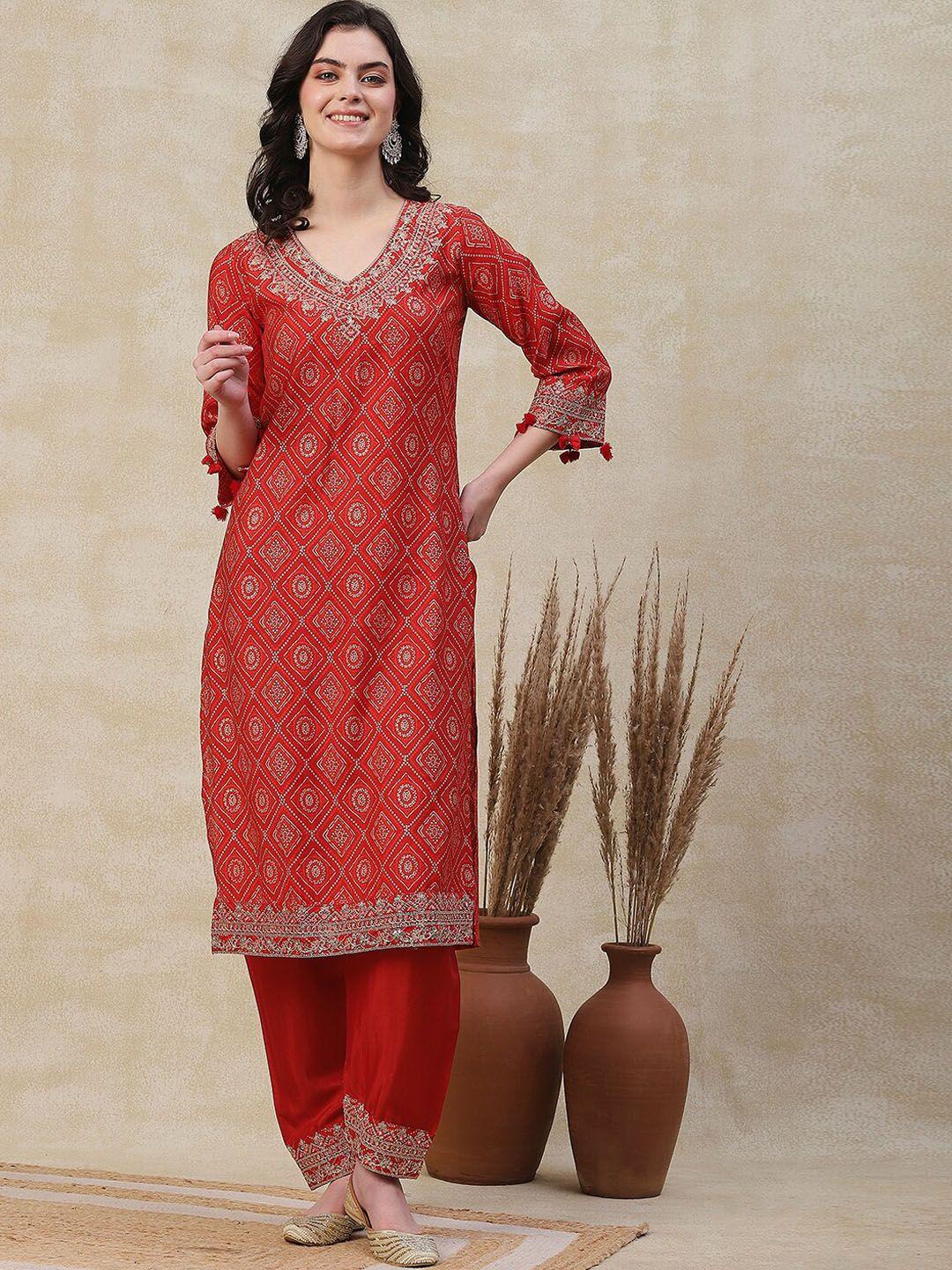 fashor women orange ethnic motifs printed regular mirror work kurta with trousers & with dupatta