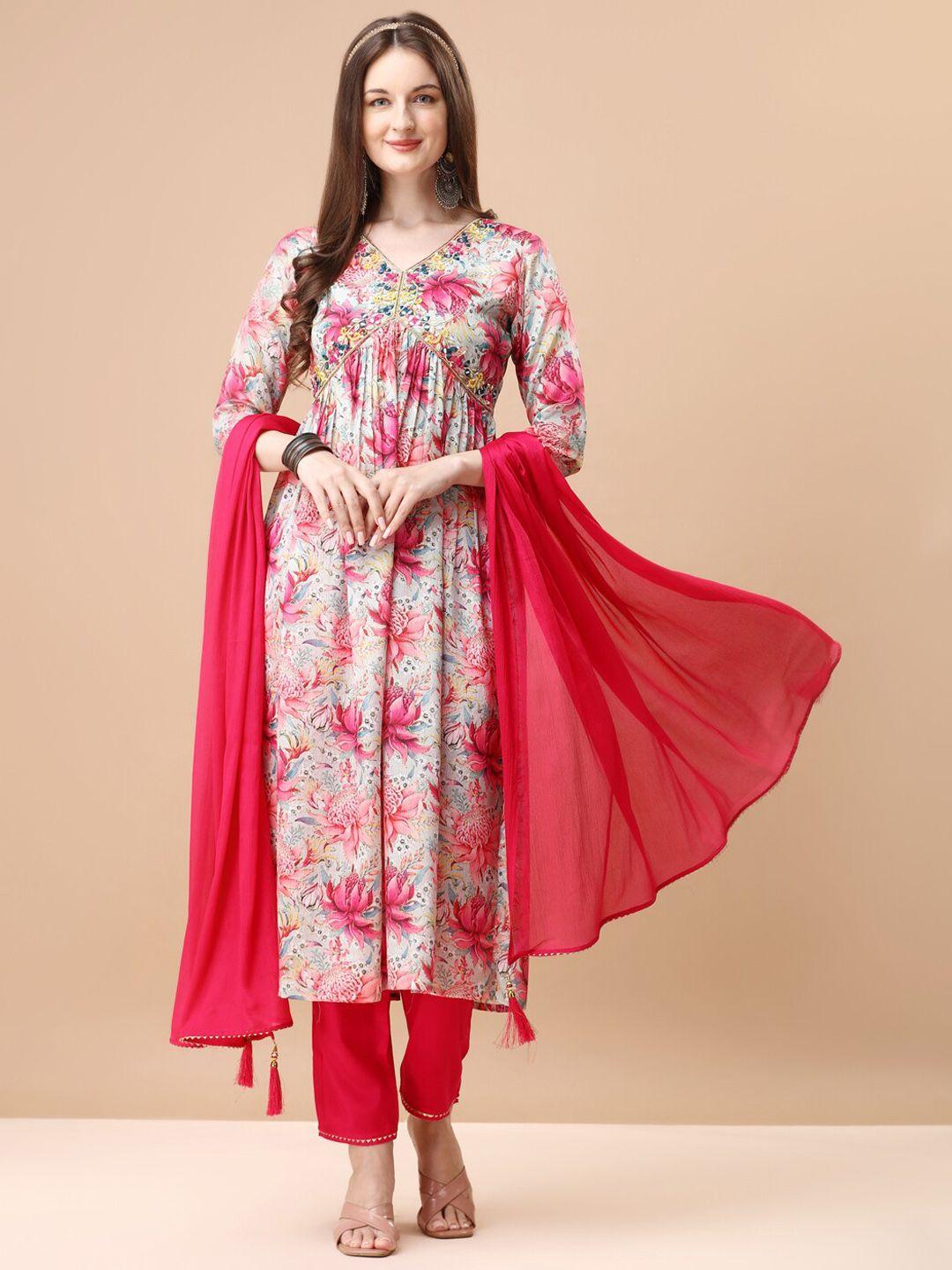 kalini women floral embroidered pleated beads &stones kurta with trousers & dupatta