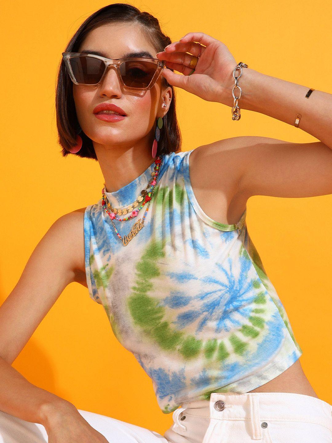 sheczzar blue tie and dye print cotton crop top