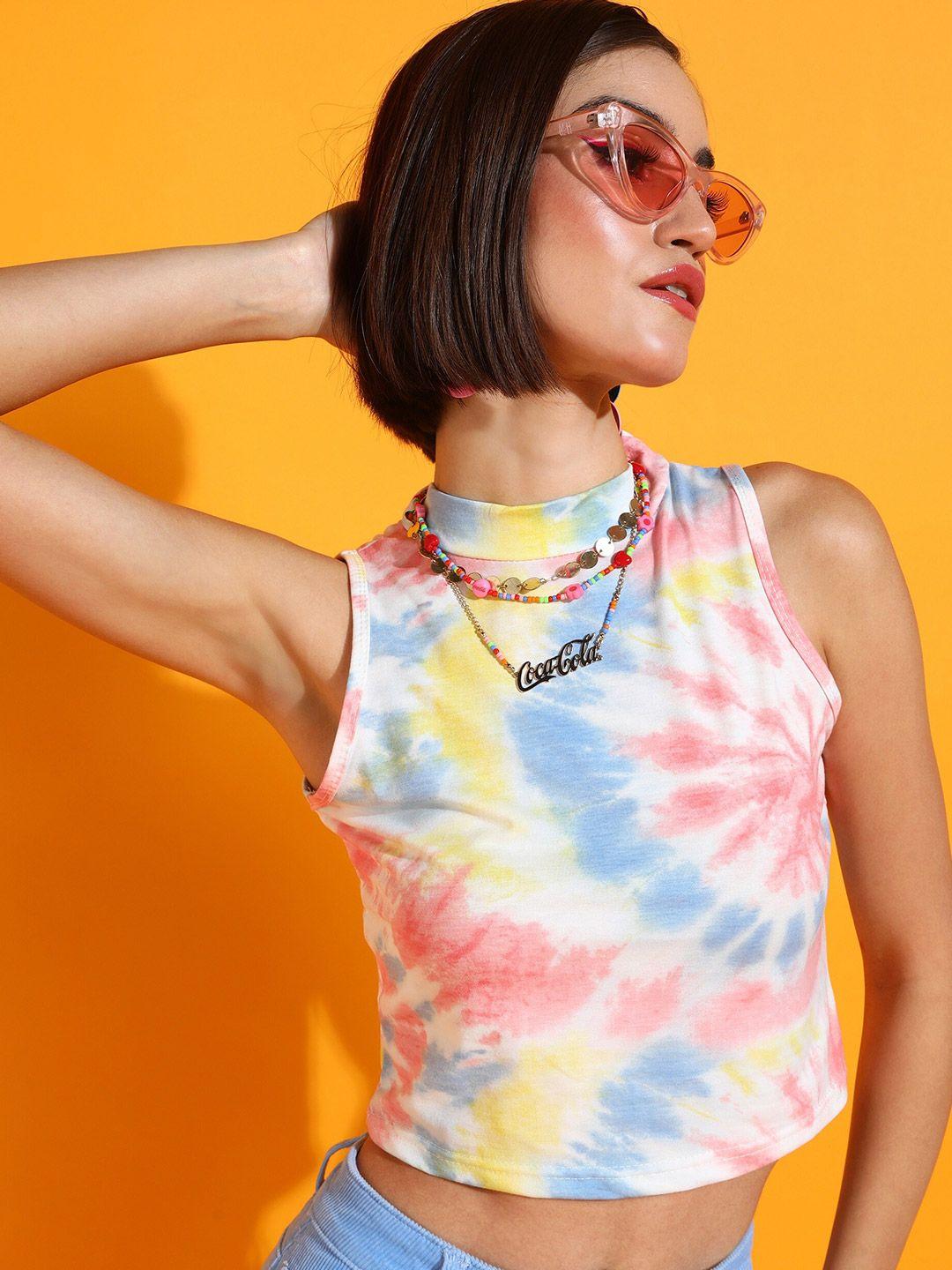 sheczzar peach-coloured tie and dye print cotton crop top