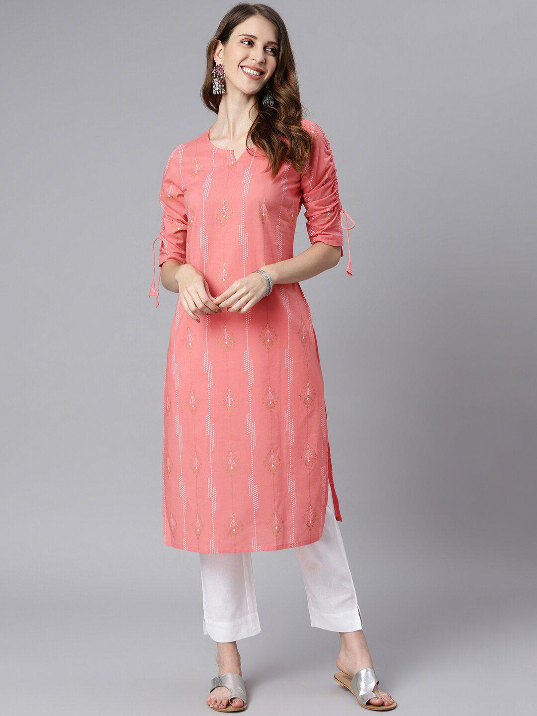 janasya ethnic motifs striped chikankari round neck straight kurta