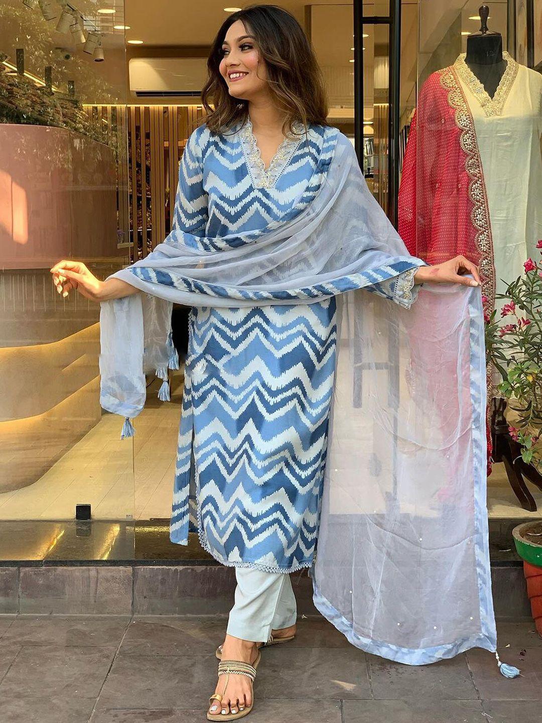 kalini women turquoise blue printed kurta with trousers & with dupatta