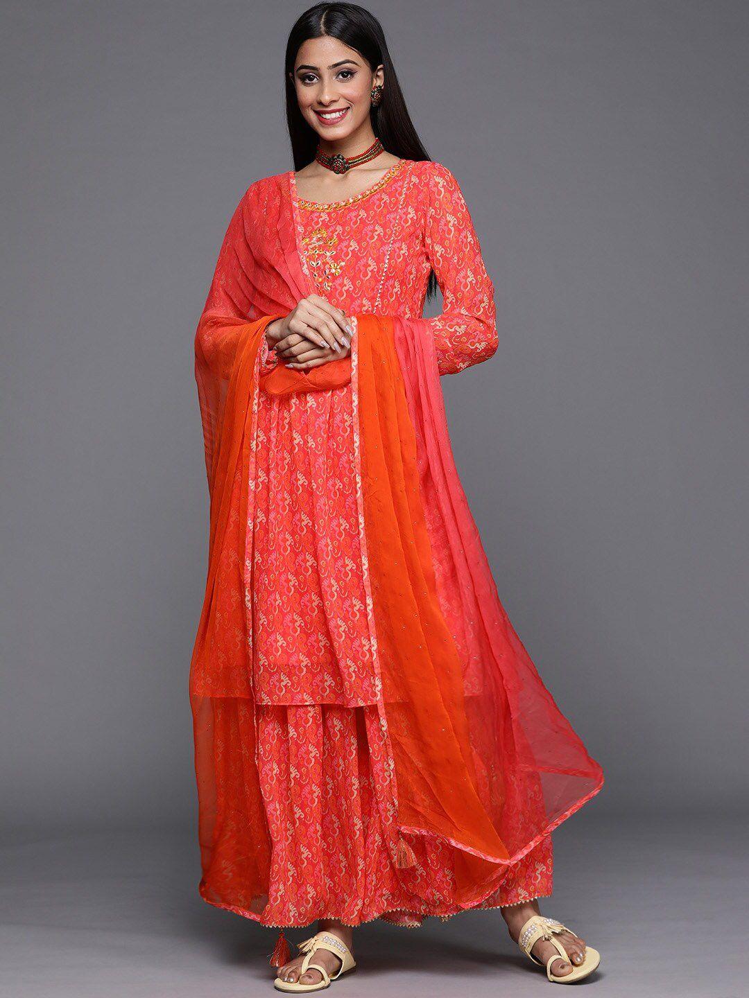 kalini women pink printed kurta with trousers & with dupatta