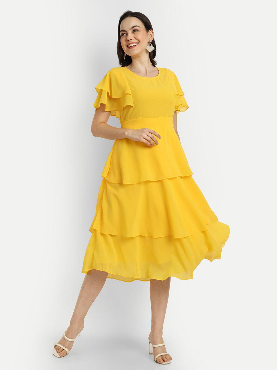 shinisha yellow georgette fit & flare midi dress