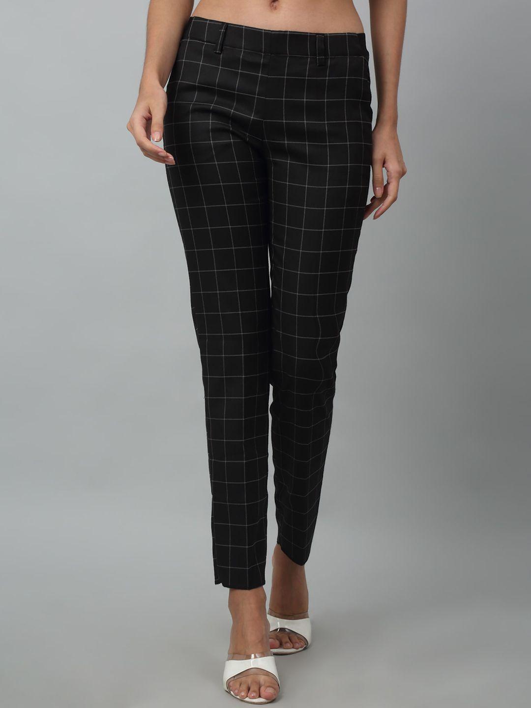 crozo by cantabil women regular fit checked cigarette trousers