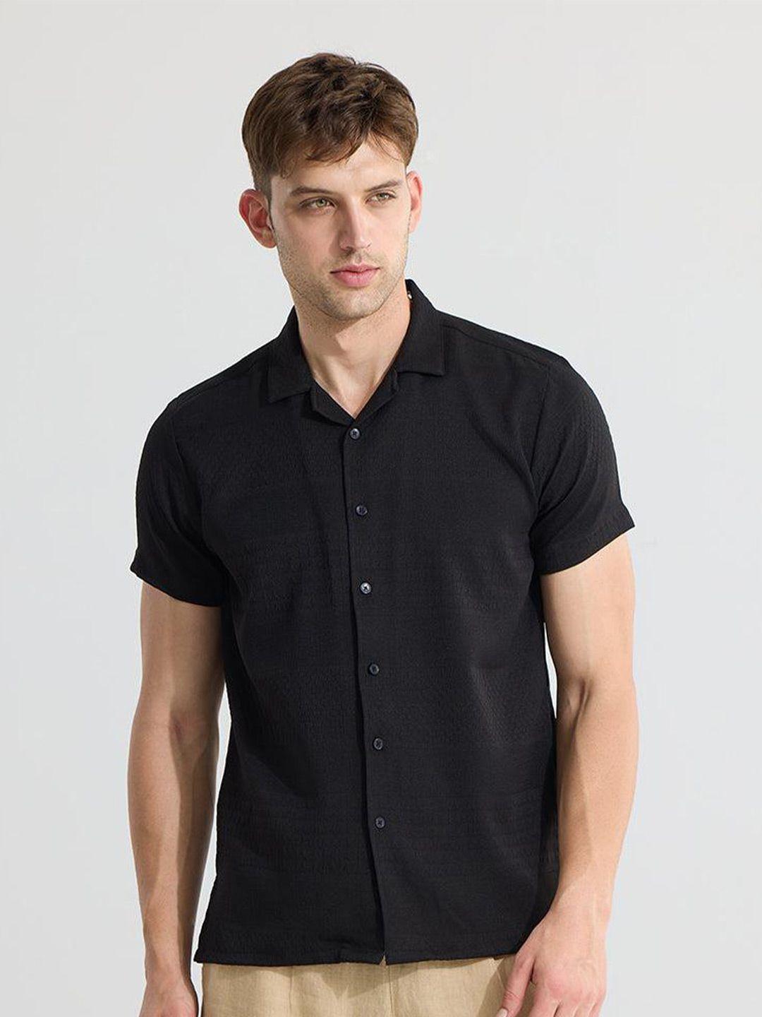 snitch black classic slim fit cuban collar casual shirt