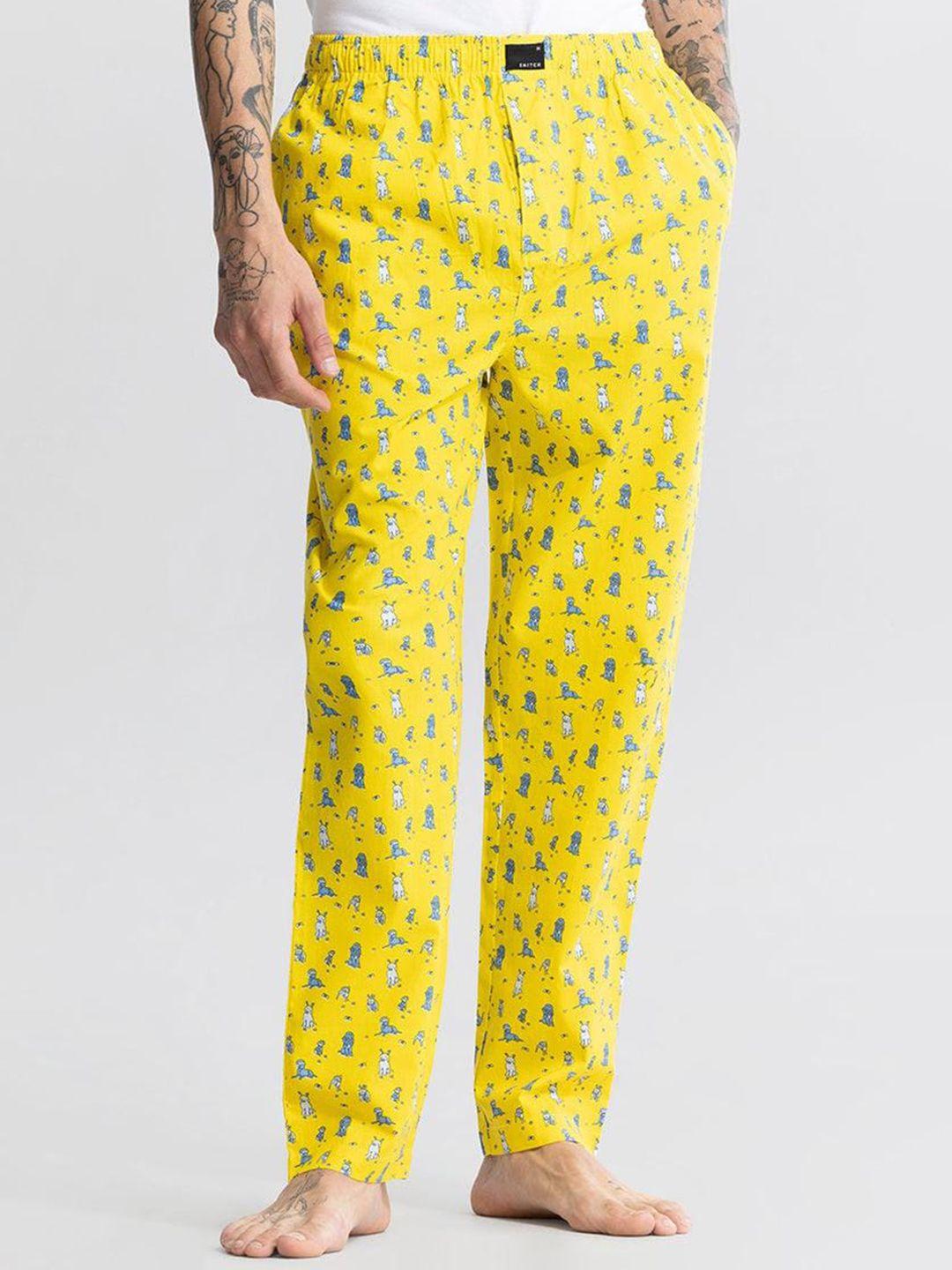 snitch men yellow mid-rise printed cotton lounge pants