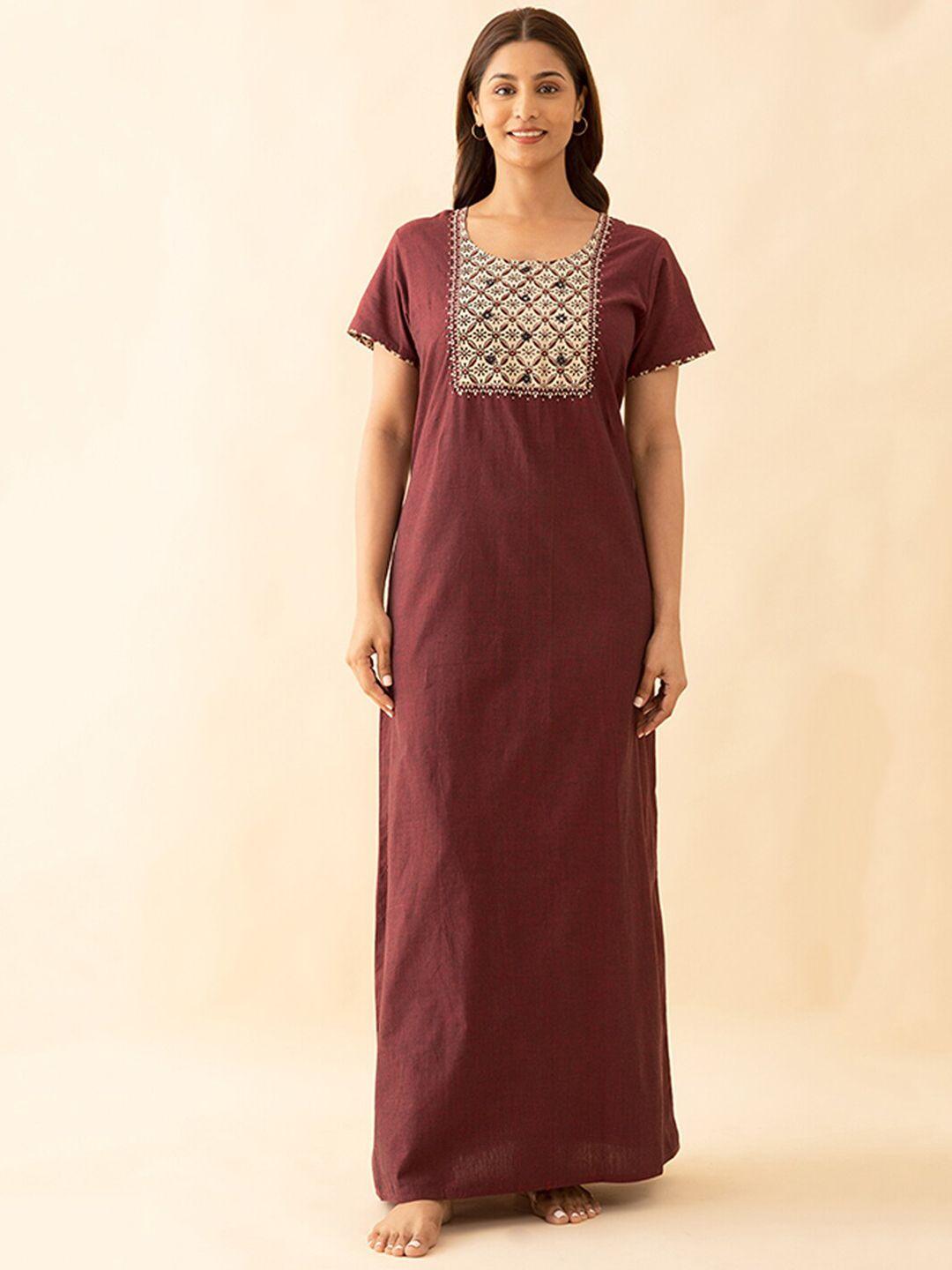 maybell maroon embroidered short sleeves nightdress