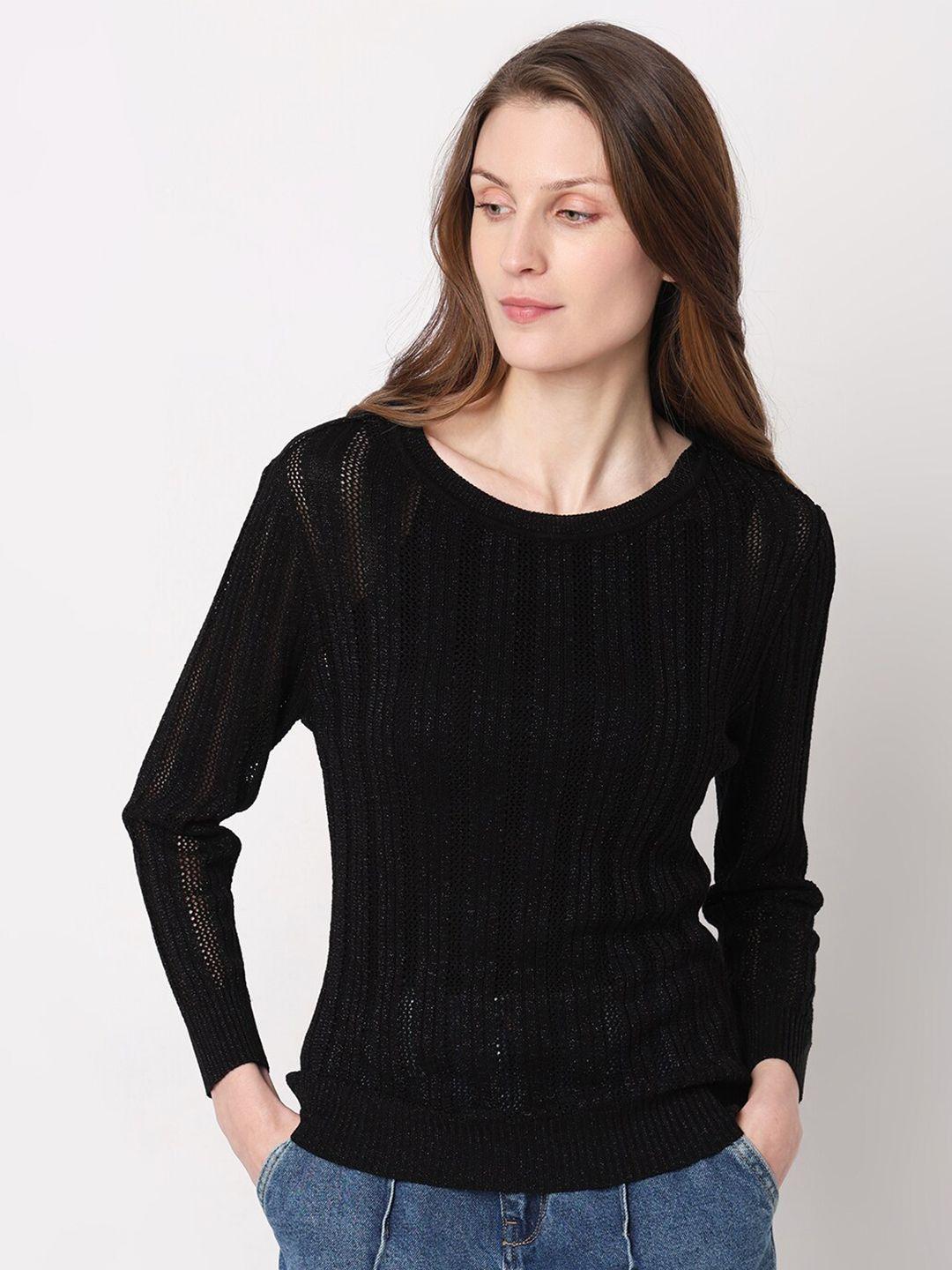 vero moda open knit self design pullover sweater