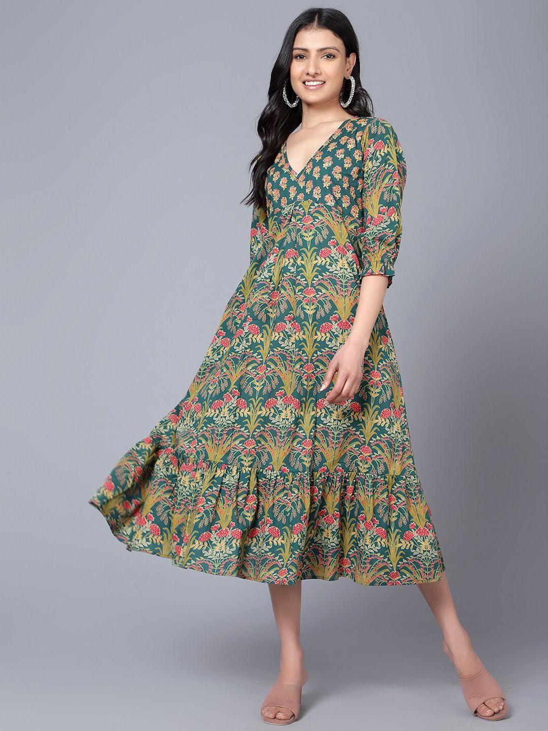 baesd green puff sleeve a-line midi dress