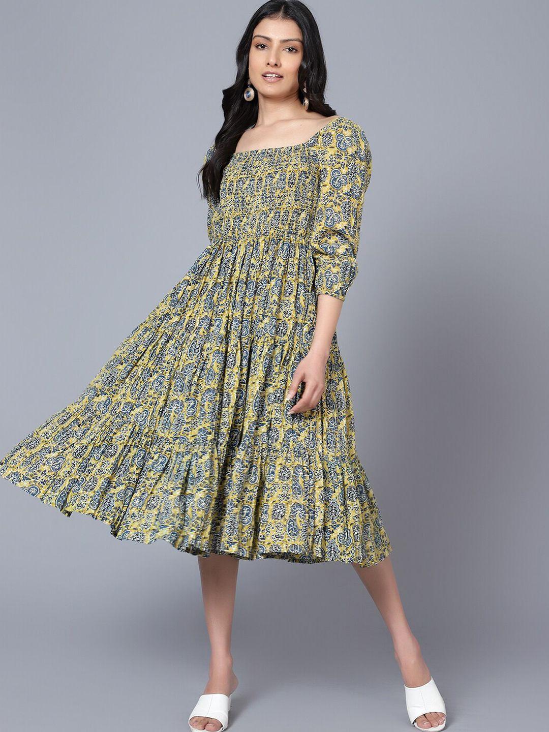 baesd ethnic motifs printed cotton square neck opaque a-line midi dress