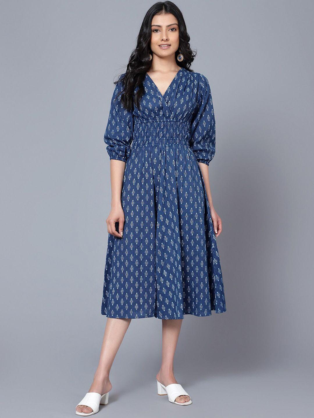 baesd blue puff sleeve a-line midi dress