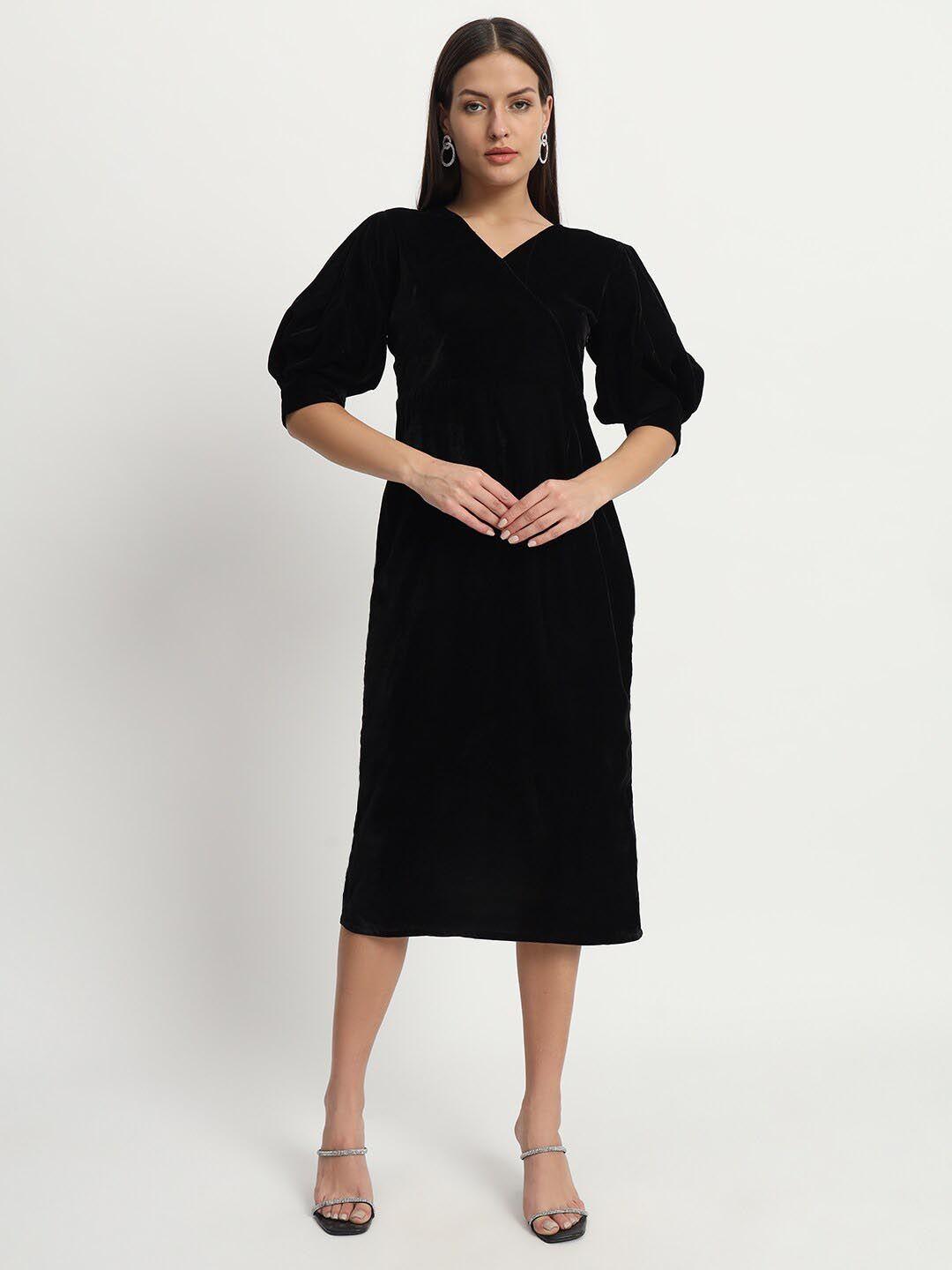 isam v neck puff sleeves velvet sheath midi dress