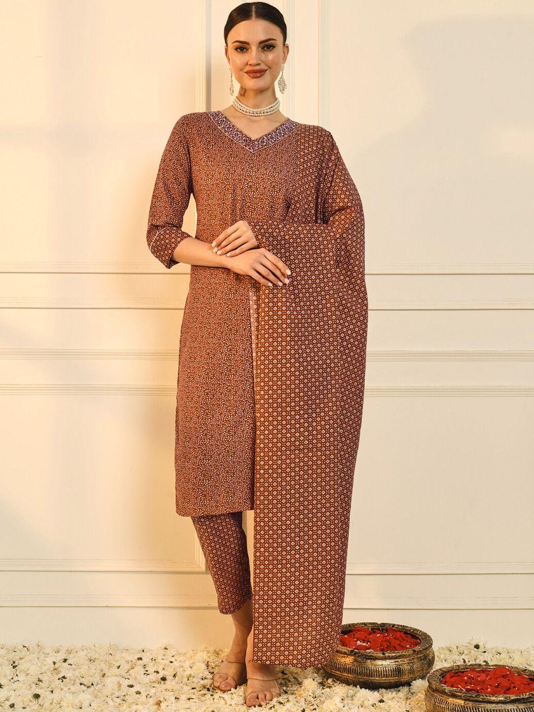 heeposh women brown printed regular mirror work kurta with trousers & with dupatta