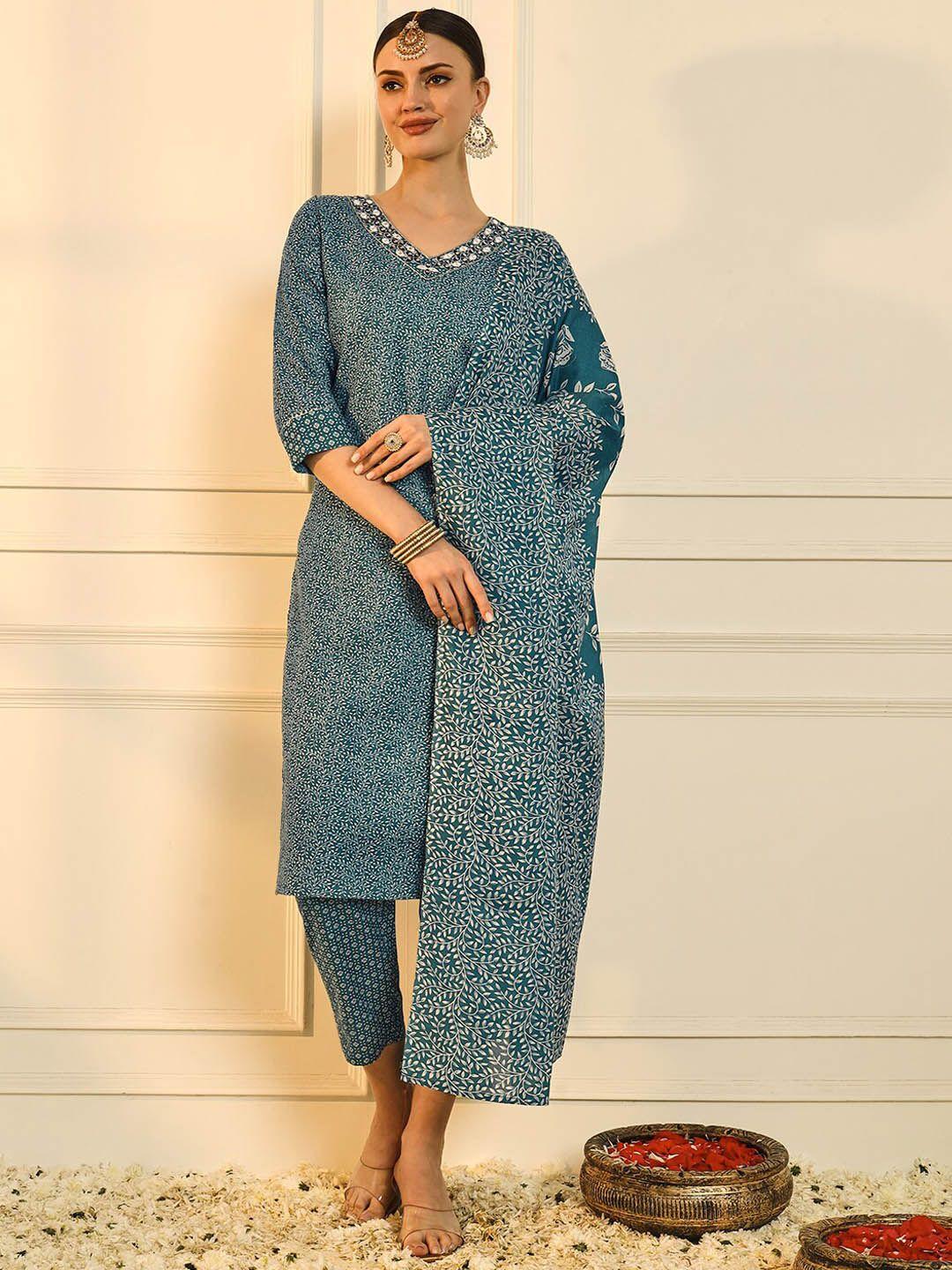 heeposh women teal printed regular mirror work kurta with trousers & with dupatta