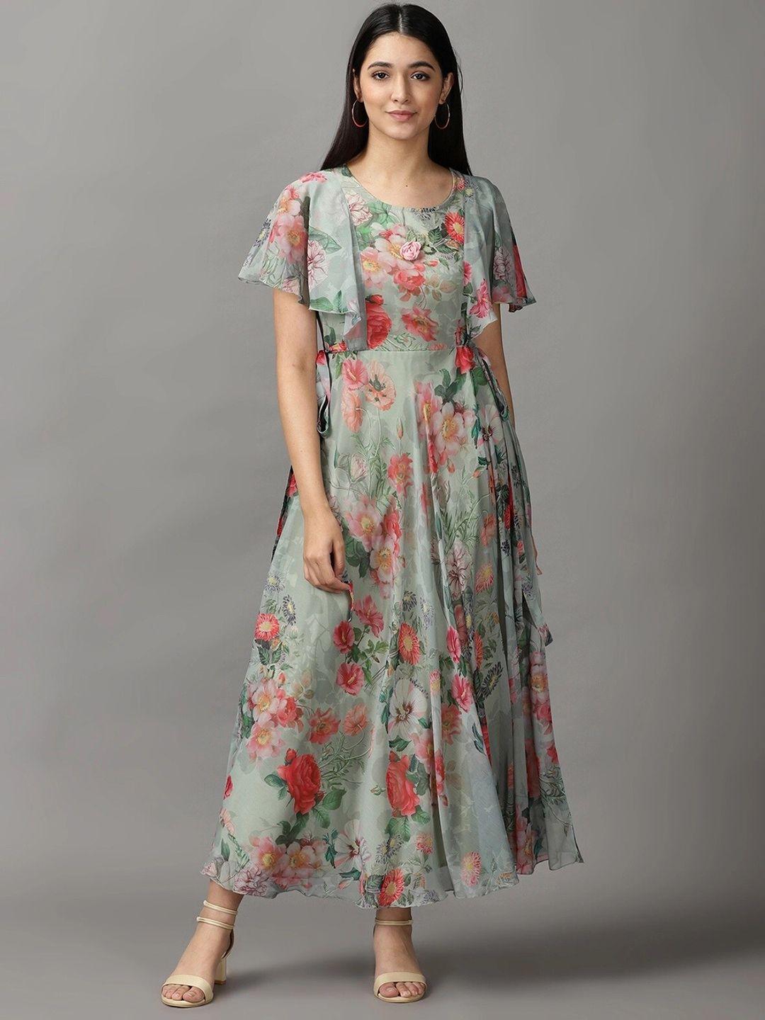 baesd floral print georgette flared sleeves maxi dress