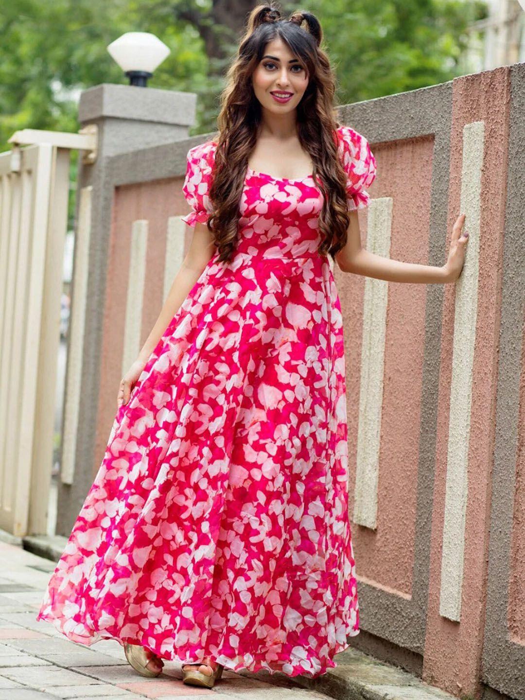 baesd pink & white print puff sleeve georgette maxi dress