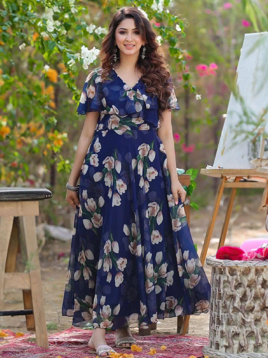 baesd navy blue & white floral print georgette maxi dress