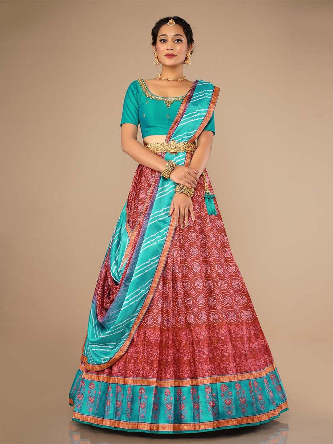 halfsaree studio rust & printed zardozi semi-stitched lehenga & unstitched blouse with dupatta